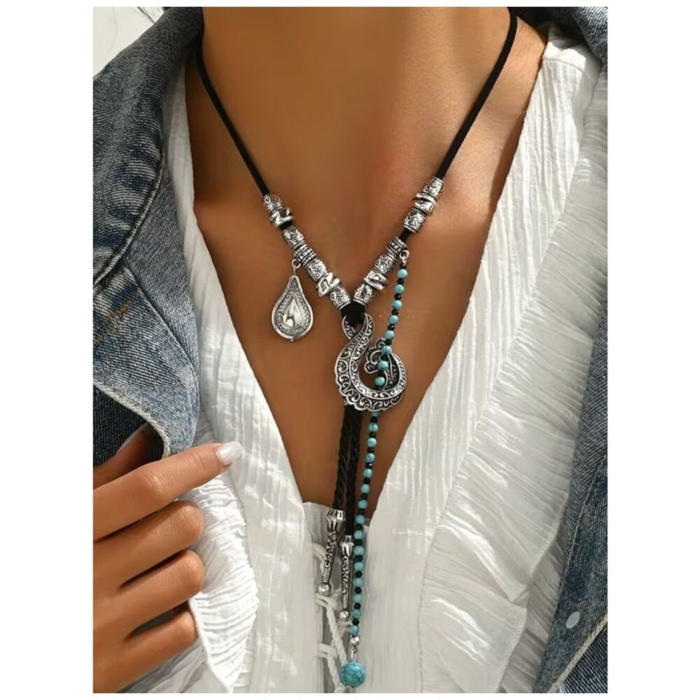 Vintage Bohemian Turquoise Bead Statement Lariat Necklace Western Boho Silver De